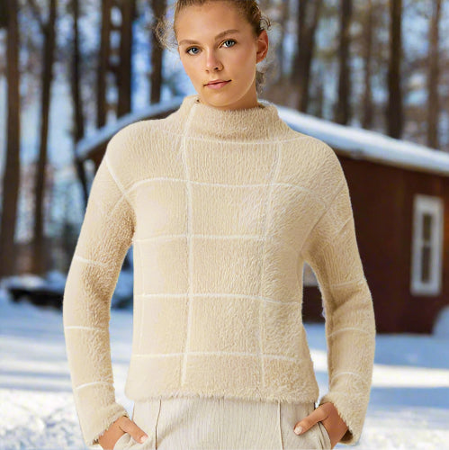 Fuzzy Mock Neck Sweater - Beige