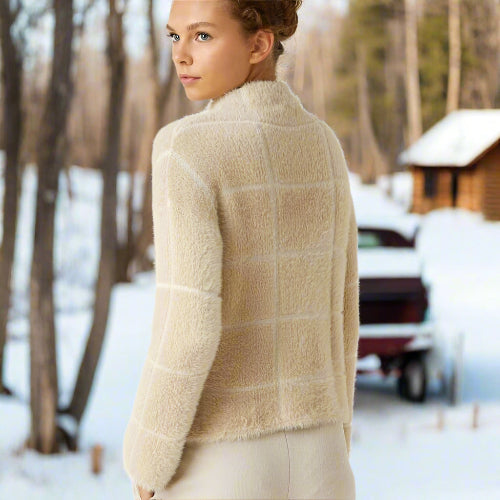 Fuzzy Mock Neck Sweater - Beige