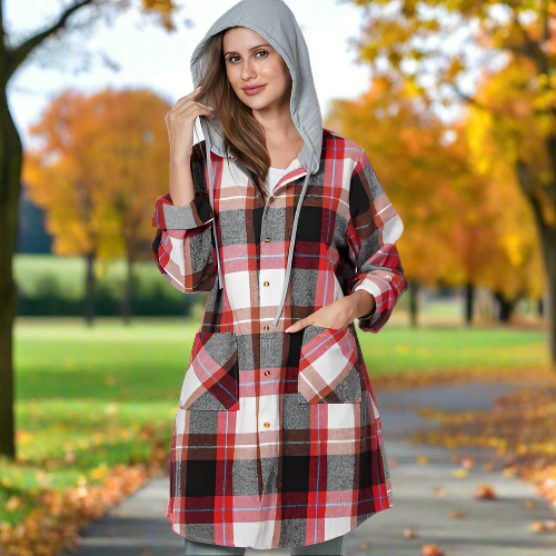 Flannel Shacket, Grey/Red Plaid O/S